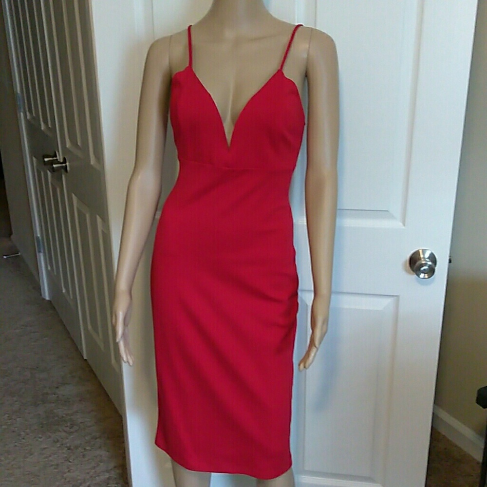 Sexy low cut red form firing midi dress